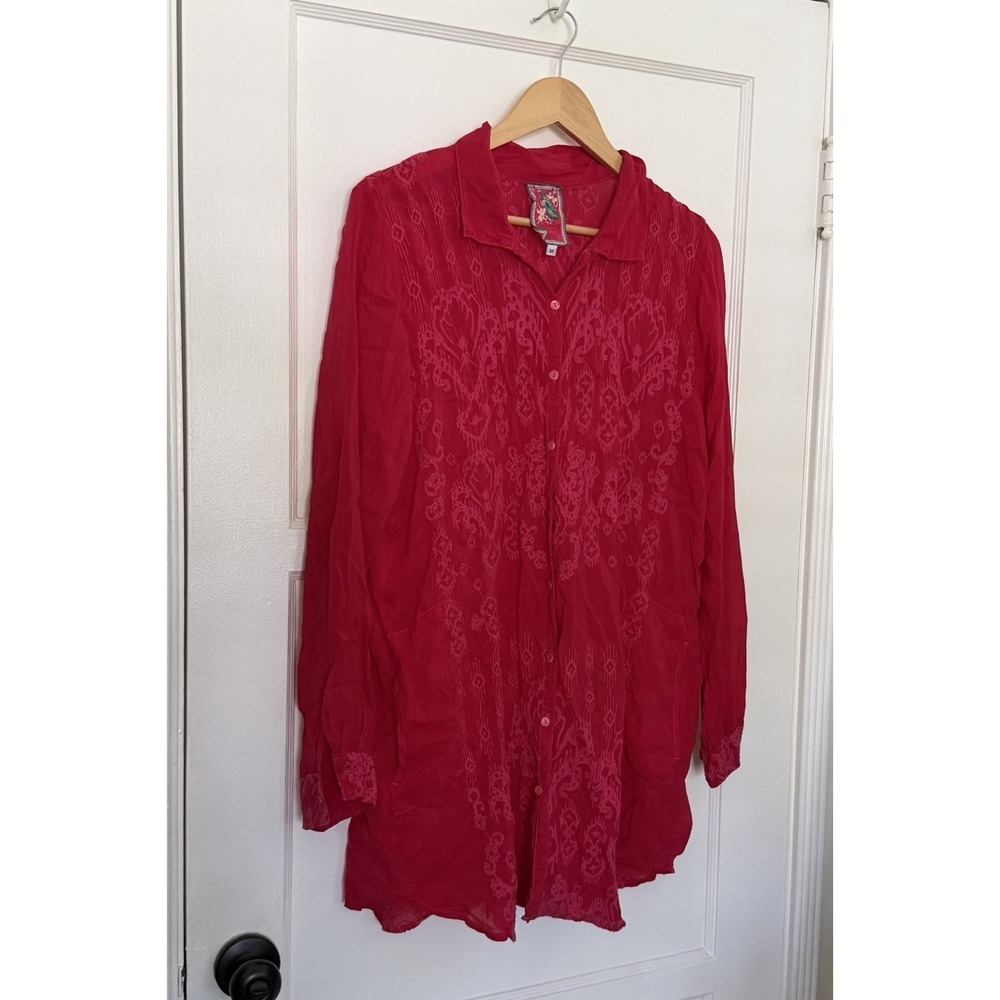 Johnny Was RUNSWICK LENNY BUTTON DOWN Shirt Dress Red Pink Embroidered Boho Sz M